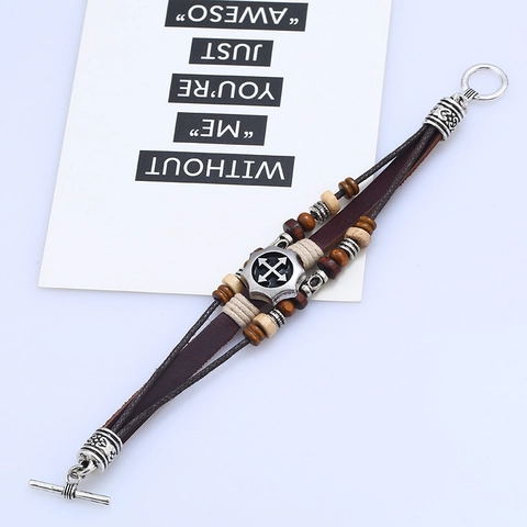 Bracciale Multistrato in Pelle di Vacchetta da Uomo Retrò Etnico Punk Intrecciato Ciondolo Bussola Freccia Perline in Legno Gioielli Regalo