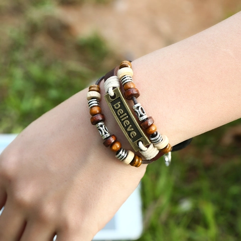 Vintage Cowhide Leather Multilayer Braided Bracelet For Men Women Believe Metal Plate Wood Beads Adjustable Jewelry