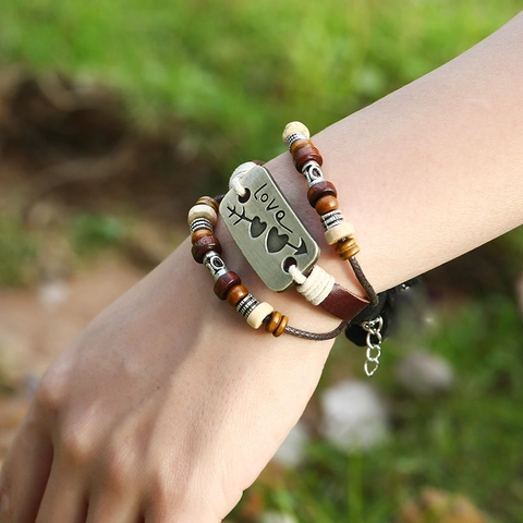 Pulsera Vintage de Piel de Vaca Multicapa para Hombre Mujer Aleación de Bronce Antiguo Placa Love Corazón Flecha Cordón Encerado Cuentas Madera