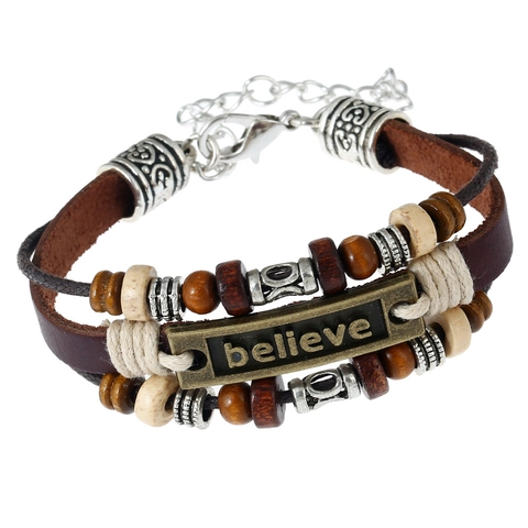 Vintage Cowhide Leather Multilayer Braided Bracelet For Men Women Believe Metal Plate Wood Beads Adjustable Jewelry