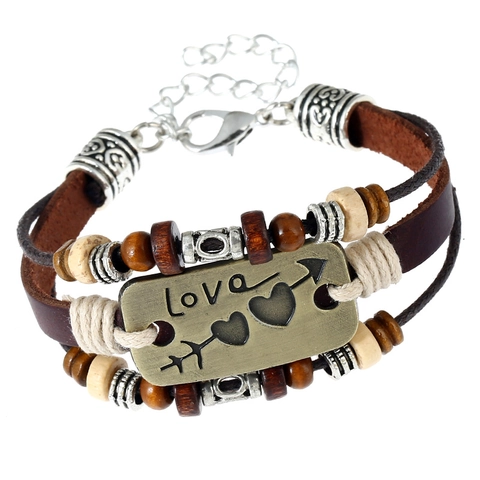 Pulsera Vintage de Piel de Vaca Multicapa para Hombre Mujer Aleación de Bronce Antiguo Placa Love Corazón Flecha Cordón Encerado Cuentas Madera
