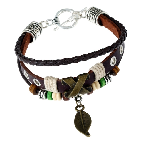 Vintage Multilayer Woven Cowhide Bracelet For Men Women Punk Alloy X-Charm Leaf Pendant Wooden Beads Bohemian Jewelry