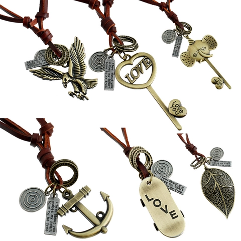 Collier Pendentif en Alliage de Cuir de Vache Fait à la Main Rétro pour Hommes Femmes Chaîne de Pull Longue en Cuir Vintage Bijoux Unisexe