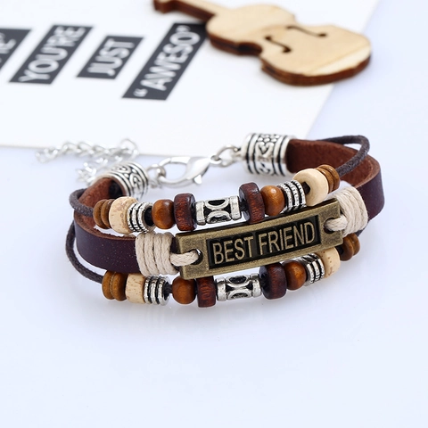 Retro Meerlagig Leer Kralen Armband Voor Dames Heren BEST FRIEND Gegraveerde Charm Legering Hout Kraal Verstelbare Sieraden