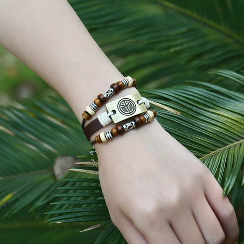 Handmade Multilayer Cowhide Leather Bracelet Vintage Bohemian Wood Bead Alloy Peace Symbol Woven Braid Jewelry Men Gift