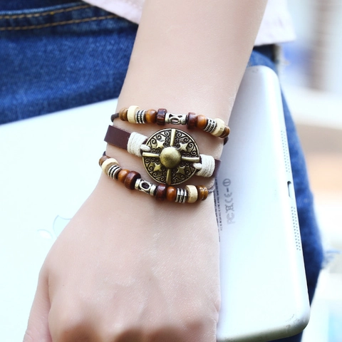 Vintage Men's Multilayer Cowhide Leather Bracelet Bohemian Braided Wax Rope Wood Beads Antique Bronze Metal Shield Adjustable Punk Jewelry