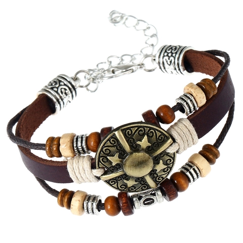 Vintage Men's Multilayer Cowhide Leather Bracelet Bohemian Braided Wax Rope Wood Beads Antique Bronze Metal Shield Adjustable Punk Jewelry