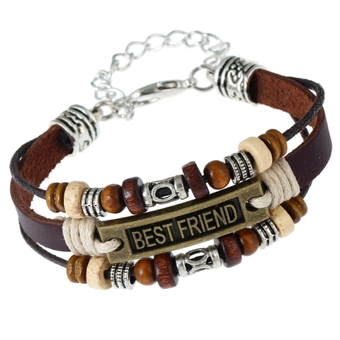 Retro Meerlagig Leer Kralen Armband Voor Dames Heren BEST FRIEND Gegraveerde Charm Legering Hout Kraal Verstelbare Sieraden