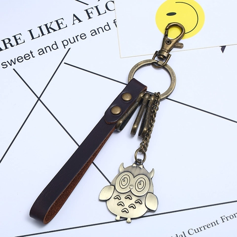 Vintage Cowhide Leather Owl Keychain Antique Bronze Alloy Charm Keyring For Men Women Bag Pendant Car Key Holder Accessory