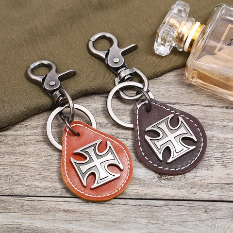 Vintage Rindleder Kreuz Schlüsselanhänger Für Herren Punk Stil Legierung Medaille Schlüsselring Handgemachte Leder Tasche Anhänger