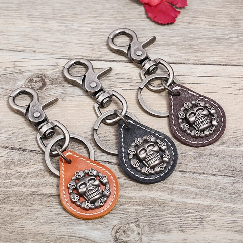 Portachiavi Punk Vintage in Pelle con Teschio per Uomo Donna Retro Lega Pelle Bovina Goth Portachiavi Pendente Regalo