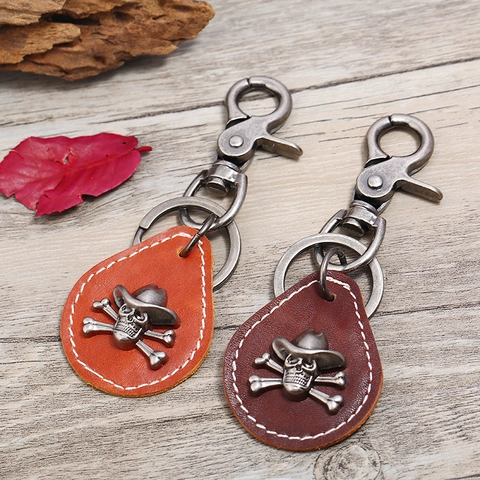 Western Retro Cowboy Totenkopf Gekreuzte Knochen Echtes Leder Schlüsselanhänger Punk Gothik Legierung Schlüsselring Herren