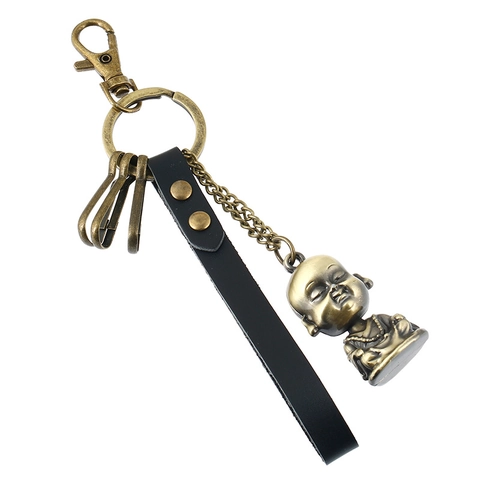 Vintage Zen Buddhist Mönch Leder Schlüsselanhänger Antike Bronze Legierung Kleiner Buddha Anhänger Tasche Anhänger Schlüsselring Schmuck