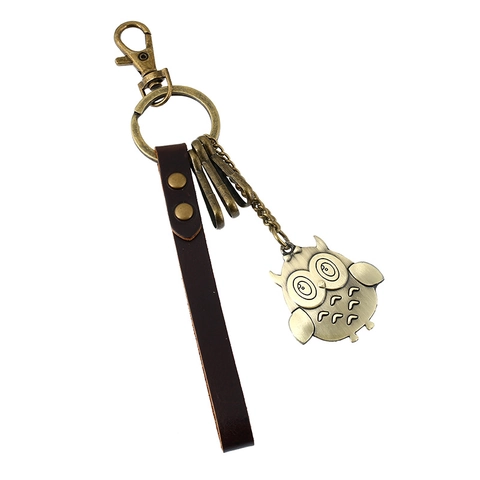 Vintage Cowhide Leather Owl Keychain Antique Bronze Alloy Charm Keyring For Men Women Bag Pendant Car Key Holder Accessory