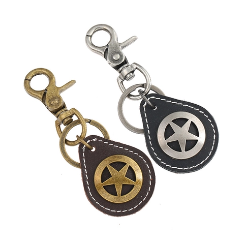 Llavero de Cuero de Vaca Punk Vintage para Hombre Mujer Colgante de Estrella Calada en Aleación de Zinc Regalo Diario