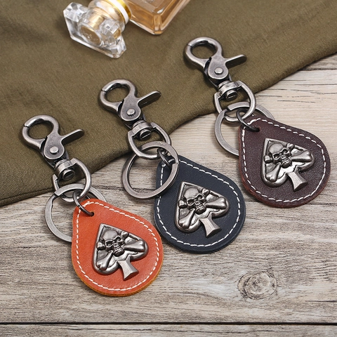 Vintage Punk Cowhide Leather Keychain Retro Skull Spade Alloy Key Ring For Men Women Fashion Decorative Handbag Charm Gift