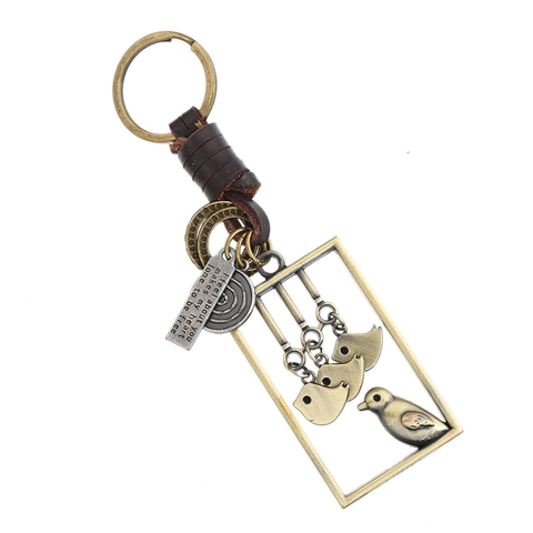 Vintage Handgeflochtener Rindsleder Schlüsselanhänger Legierung Vögel Anhänger Antik Bronze Design Autoschlüssel Retro Unisex Schmuck Geschenk