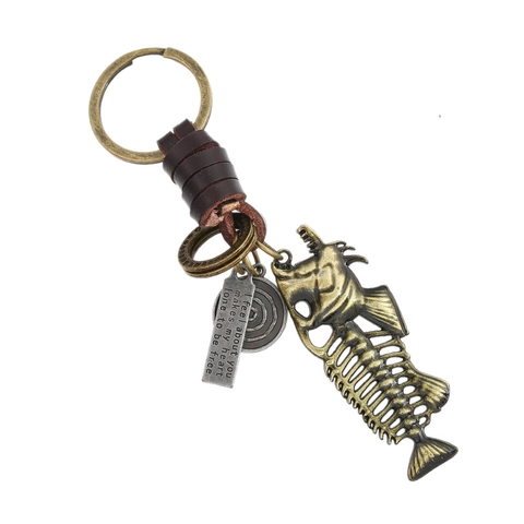 Vintage Industrie Bronze Legierung Fischgräte Schlüsselanhänger Für Herren Echtes Leder Umwickelt Gravur Anhänger Schmuck Geschenk