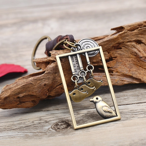 Vintage Handgeflochtener Rindsleder Schlüsselanhänger Legierung Vögel Anhänger Antik Bronze Design Autoschlüssel Retro Unisex Schmuck Geschenk
