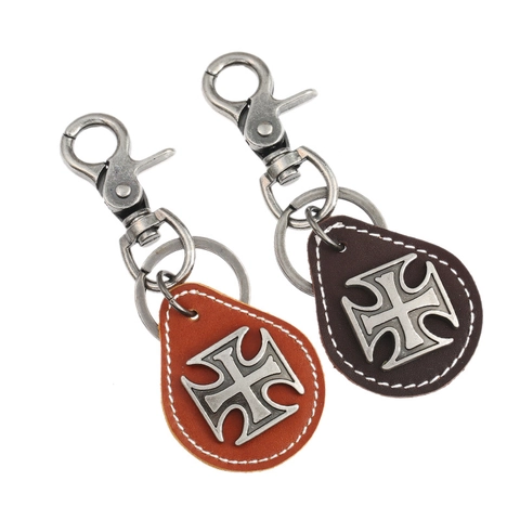 Vintage Rindleder Kreuz Schlüsselanhänger Für Herren Punk Stil Legierung Medaille Schlüsselring Handgemachte Leder Tasche Anhänger