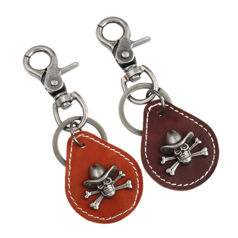 Western Retro Cowboy Totenkopf Gekreuzte Knochen Echtes Leder Schlüsselanhänger Punk Gothik Legierung Schlüsselring Herren