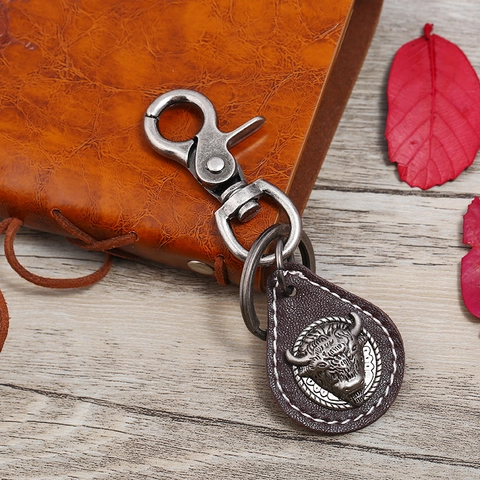 Llavero de Cuero de Vaca Vintage para Hombre Cabeza de Toro Retro Aleación Punk Anillo para Coche Bolsa Colgante Regalo