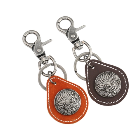 Vintage Leather Keychain For Men Antique Metal Dragon Relief Retro Punk Style Cowhide Car Key Ring Holder Accessories Gift
