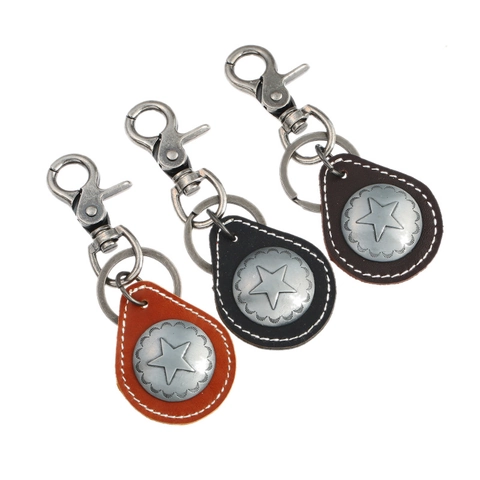 Vintage Cowhide Leather Keychain For Men Women Retro Alloy Star Pendant Keyring Car Key Holder Accessories Hand Stitched