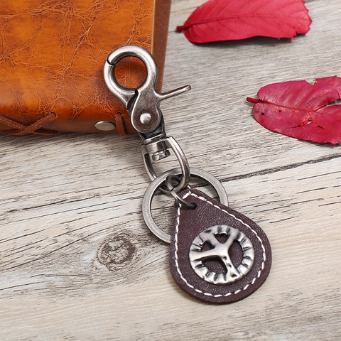 Vintage Cowhide Leather Peace Sign Keychain Distressed Metal Alloy Key Ring For Men Women Punk Style Key Holder Gift Bag Charm