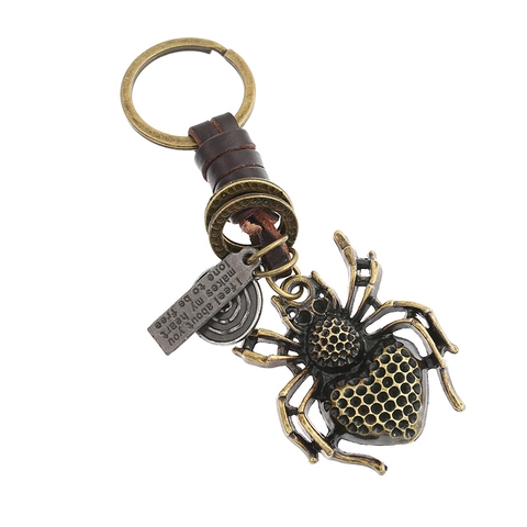 Portachiavi Ragno Vintage Punk Con Cuore Traforato Cordoncino in Pelle Intrecciata Etichetta Incisa Anello per Chiavi in Lega Bronzo