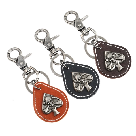 Vintage Punk Cowhide Leather Keychain Retro Skull Spade Alloy Key Ring For Men Women Fashion Decorative Handbag Charm Gift