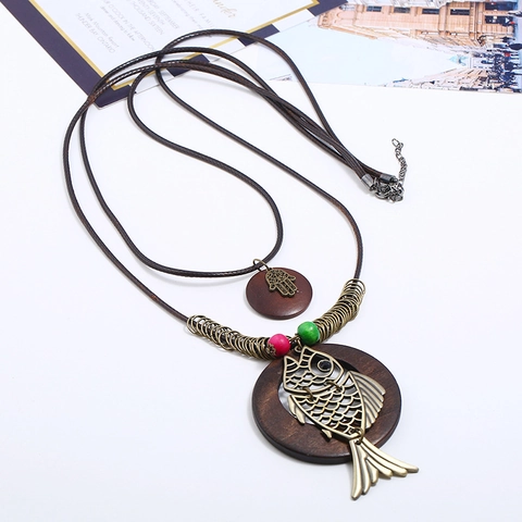 Vintage Ethnic Long Necklace For Women Wood Alloy Hollow Fish Hamsa Hand Pendant Wax Cord Beaded Sweater Chain Jewelry Gift