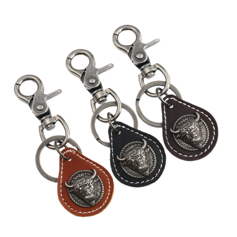Llavero de Cuero de Vaca Vintage para Hombre Cabeza de Toro Retro Aleación Punk Anillo para Coche Bolsa Colgante Regalo