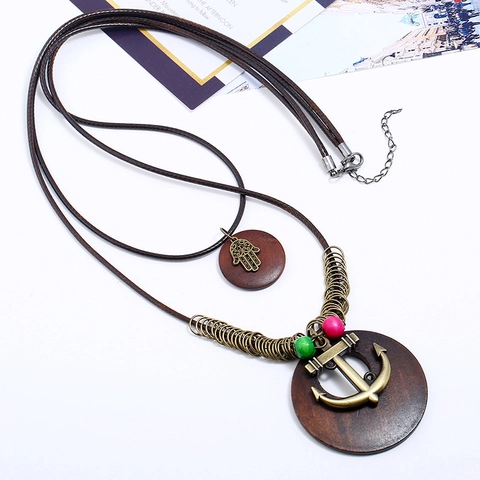 Vintage Multi Layer Long Necklace Alloy Wood Hamsa Hand Anchor Pendant Bohemian Ethnic Style Wax Cord Sweater Chain For Women Jewelry
