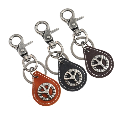 Vintage Cowhide Leather Peace Sign Keychain Distressed Metal Alloy Key Ring For Men Women Punk Style Key Holder Gift Bag Charm