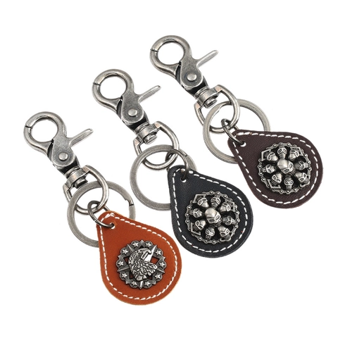 Retro Punk Rindsleder Schlüsselanhänger Für Herren Vintage Antik Metall Totenkopf Adler Medaille Anhänger Motorrad Zubehör Geschenk