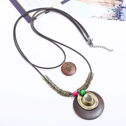 Ethnisch Bohemian Vintage Lange Anhänger Halskette Holz Legierung Hand Der Fatima Kreis Wachsschnur Schmuck Verstellbare Pulloverkette Damen
