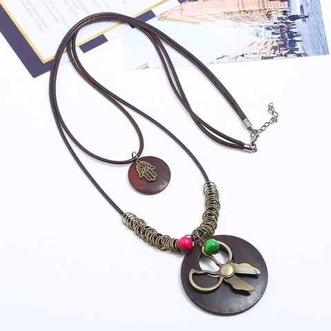 Collana Lunga Vintage Bohemien in Lega Legno Con Ciondolo Mano di Fatima Forbici Catena per Maglioni Etnica per Donna Gioielli