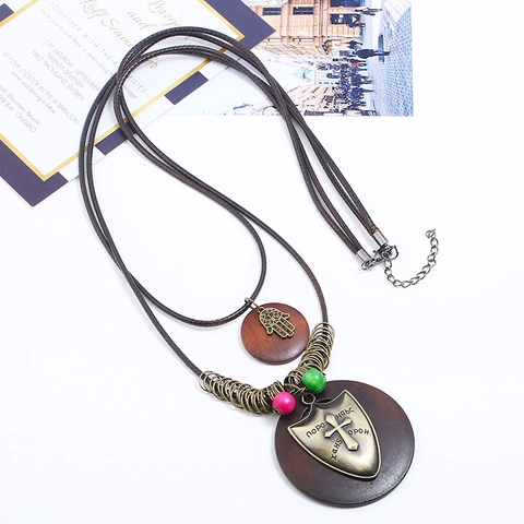 Vintage Bohemian Multi-layer Long Pendant Necklace Women Alloy Wood Hamsa Hand Cross Shield Religious Ethnic Sweater Chain Jewelry