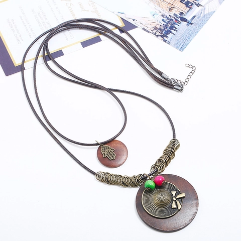Vintage Bohemian Long Pendant Necklace For Women Alloy Wood Hamsa Hand Straw Hat Decor Ethnic Layered Wax Cord Jewelry