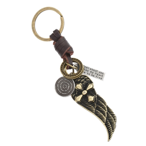 Portachiavi in Pelle di Vacchetta Intrecciata a Mano Vintage Punk Con Ciondolo a Forma di Ala di Piuma Croce Gioielli Unisex