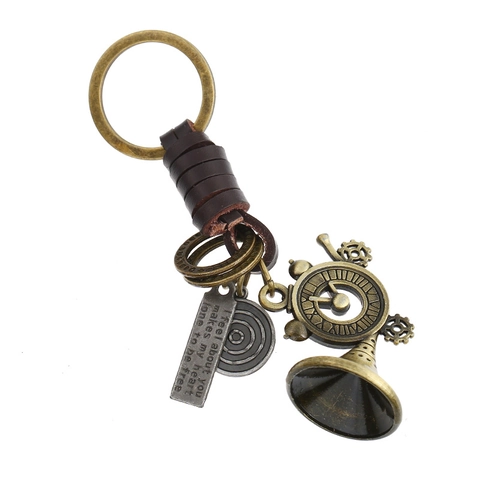 Vintage Steampunk Rindsleder Gewebter Schlüsselanhänger Legierung Anhänger Zahnrad Uhr Horn Auto Schlüsselring Retro Taschenanhänger