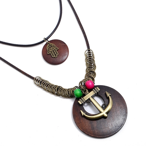 Vintage Multi Layer Long Necklace Alloy Wood Hamsa Hand Anchor Pendant Bohemian Ethnic Style Wax Cord Sweater Chain For Women Jewelry