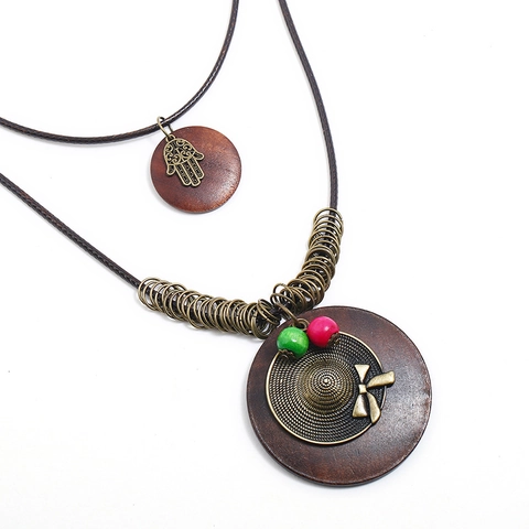 Vintage Bohemian Long Pendant Necklace For Women Alloy Wood Hamsa Hand Straw Hat Decor Ethnic Layered Wax Cord Jewelry