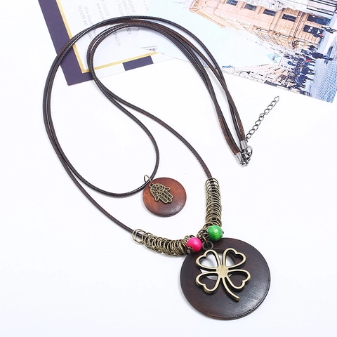 Sautoir Bohème Vintage Double Couche Pour Femmes Alliage Bois Main De Fatima Pendentif Trèfle Bronze Collier Ethnique