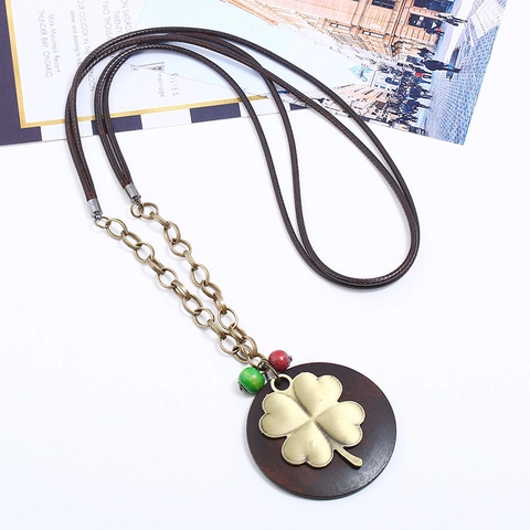 Collana Etnica Vintage con Ciondolo a Quadrifoglio in Legno Donna Corda di Cera Lunga Lega Boho Catena da Maglione Gioielli