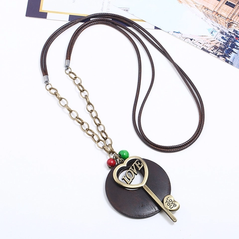 Vintage Ethnisch Herz Schlüssel Anhänger Lange Kette Damen Antik Bronze Legierung Holz Kreis Pulloverkette Boho Schmuck