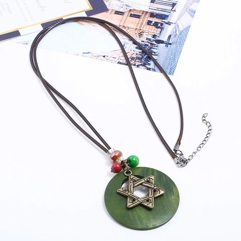 Vintage Esagramma Stella Lungo Ciondolo Collana Donna Retro Verde Legno Cerchio Corda Cerata Etnico Maglione Catena Gioielli Regalo
