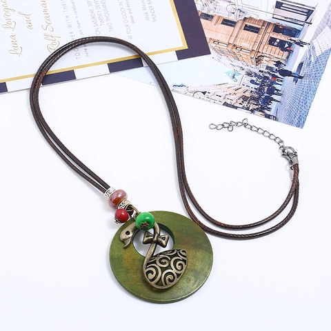 Boheemse Vintage Legering Zwaan Groen Houten Ring Hanger Lange Ketting Voor Dames Etnische Waskoord Truiketting Sieraden