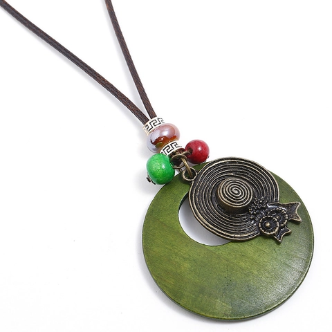 Vintage Boheemse Legering Hoed Hanger Lange Trui Ketting Dames Etnisch Groene Houten Ring Waskoord Mode Sieraden Cadeau